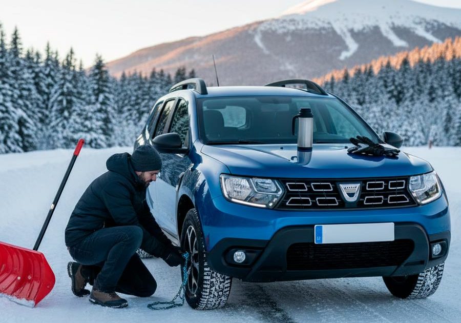 Hombre colocando cadenas de nieve en un Dacia Duster azul en una carretera de montaña nevada, con una pala roja y un termo al lado.