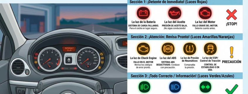 Infografía sobre luces del tablero de un Renault Clio para blog de automoción. A la izquierda, primer plano del interior del coche con el cuadro de instrumentos; a la derecha, una guía comparativa dividida por colores: Rojo (Detenerse), Amarillo (Revisar pronto) y Verde/Azul (Información), con iconos explicativos de batería, aceite, motor y presión de neumáticos.