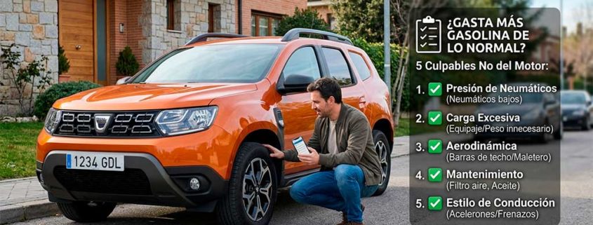 Un hombre revisa la presión del neumático de un Dacia Duster naranja estacionado en la calle. A la derecha, una infografía superpuesta muestra un checklist con el título '¿GASTA MÁS GASOLINA DE LO NORMAL? 5 Culpables No del Motor', enumerando factores como la presión de neumáticos, carga excesiva, aerodinámica, mantenimiento y estilo de conducción.