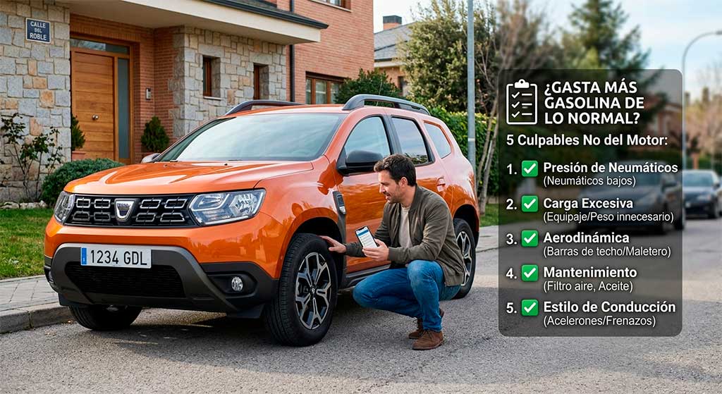 Un hombre revisa la presión del neumático de un Dacia Duster naranja estacionado en la calle. A la derecha, una infografía superpuesta muestra un checklist con el título '¿GASTA MÁS GASOLINA DE LO NORMAL? 5 Culpables No del Motor', enumerando factores como la presión de neumáticos, carga excesiva, aerodinámica, mantenimiento y estilo de conducción.