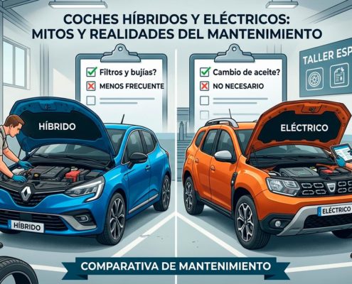 Comparativa visual del mantenimiento entre un vehículo híbrido Renault Clio azul y un vehículo eléctrico Dacia Duster naranja en un taller mecánico.