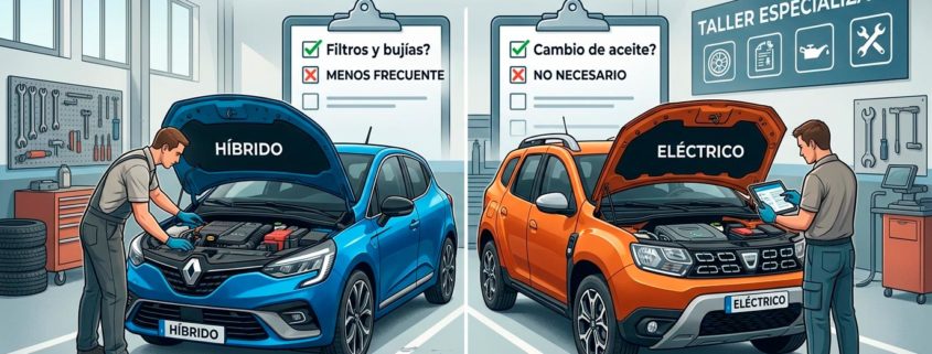 Comparativa visual del mantenimiento entre un vehículo híbrido Renault Clio azul y un vehículo eléctrico Dacia Duster naranja en un taller mecánico.