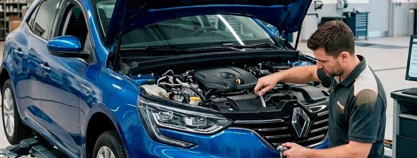 Mecánico profesional realizando un cambio de aceite y filtros en un Renault Megane azul dentro de un taller mecánico limpio