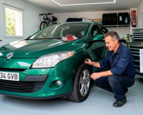 Hombre realizando una revisión pre-ITV casera a un coche Renault Megane verde en el garaje de su casa