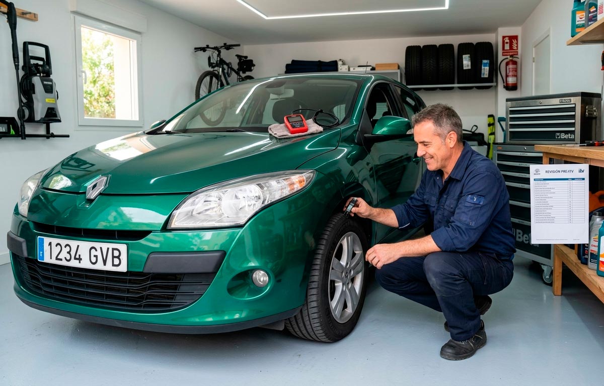 Hombre realizando una revisión pre-ITV casera a un coche Renault Megane verde en el garaje de su casa