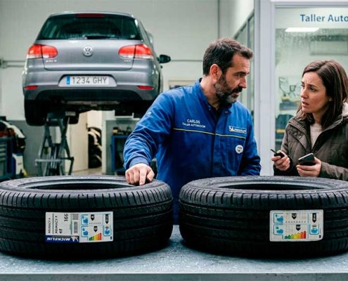 Mecánico de Michelin mostrando la etiqueta europea de neumático a una cliente en un taller de Madrid, con un coche plateado en un elevador al fondo y neumáticos en estanterías a la derecha.