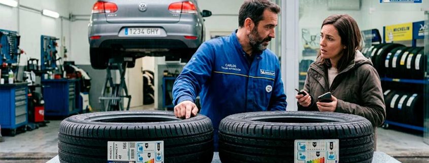 Mecánico de Michelin mostrando la etiqueta europea de neumático a una cliente en un taller de Madrid, con un coche plateado en un elevador al fondo y neumáticos en estanterías a la derecha.