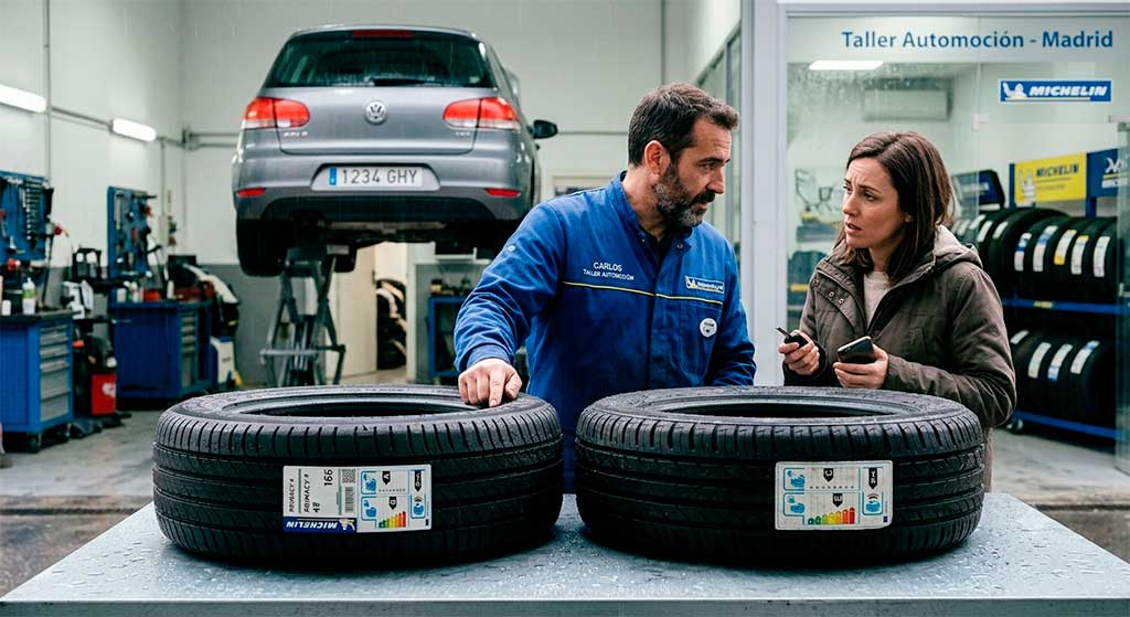 Mecánico de Michelin mostrando la etiqueta europea de neumático a una cliente en un taller de Madrid, con un coche plateado en un elevador al fondo y neumáticos en estanterías a la derecha.