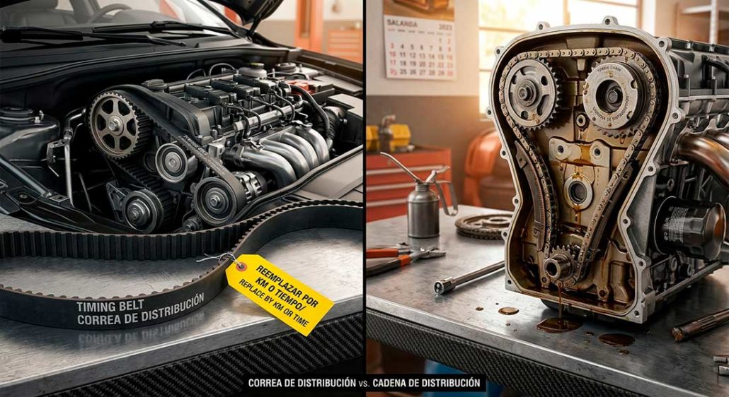 Comparativa visual entre un motor con correa de distribución de goma (izquierda) y un motor con cadena de distribución metálica (derecha) en un taller mecánico