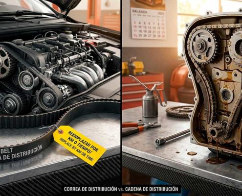 Comparativa visual entre un motor con correa de distribución de goma (izquierda) y un motor con cadena de distribución metálica (derecha) en un taller mecánico