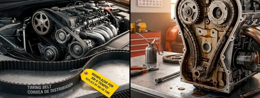 Comparativa visual entre un motor con correa de distribución de goma (izquierda) y un motor con cadena de distribución metálica (derecha) en un taller mecánico