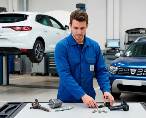 Un mecánico compara componentes de mantenimiento de coche diésel vs. gasolina (inyector, bujías) en un taller con un Renault y un Dacia.