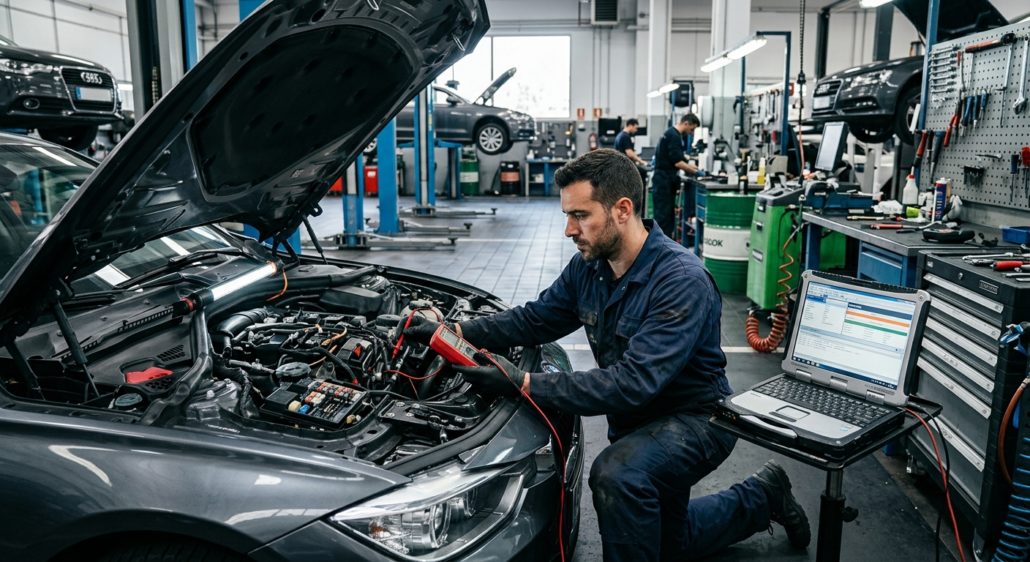 Mecánico revisando las averías eléctricas en coches modernos utilizando un multímetro y un ordenador de diagnosis en el taller.