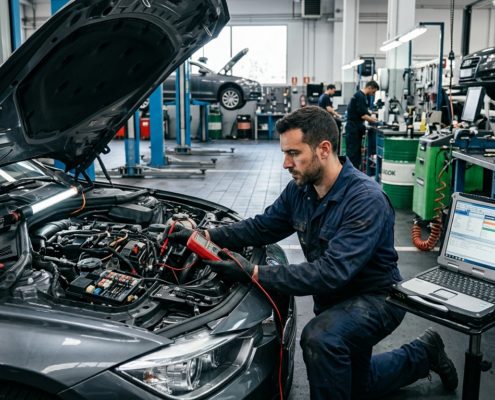 Mecánico revisando las averías eléctricas en coches modernos utilizando un multímetro y un ordenador de diagnosis en el taller.