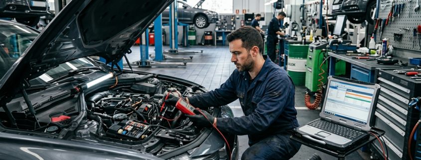 Mecánico revisando las averías eléctricas en coches modernos utilizando un multímetro y un ordenador de diagnosis en el taller.