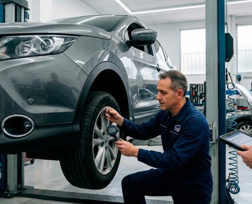 Un mecánico revisa el disco de freno de un coche en un taller para asegurar que revisan en la pre itv lo necesario.
