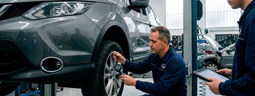 Un mecánico revisa el disco de freno de un coche en un taller para asegurar que revisan en la pre itv lo necesario.